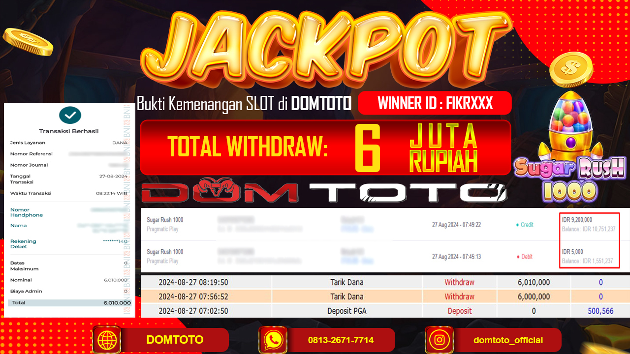 JACKPOT MENANG SLOT SUGAR RUSH100 27 AGUSTUS 2024